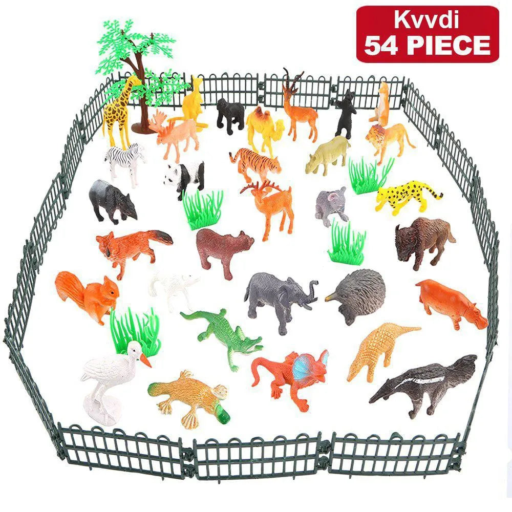 54 Pcs Mini Jungle Animal Toys Set - Realistic Wild Plastic Animals for Learning, Elephant, Gazelle, Giraffe, Gnu, Gorilla, Lion, Tiger