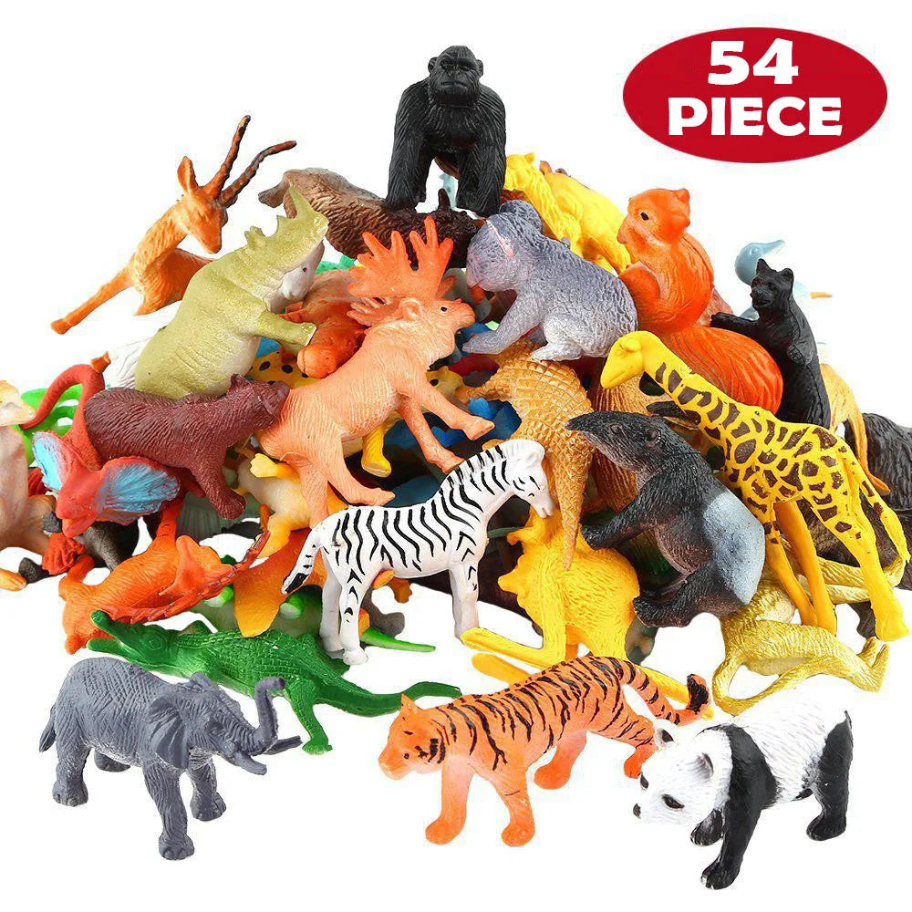 54 Pcs Mini Jungle Animal Toys Set - Realistic Wild Plastic Animals for Learning, Elephant, Gazelle, Giraffe, Gnu, Gorilla, Lion, Tiger