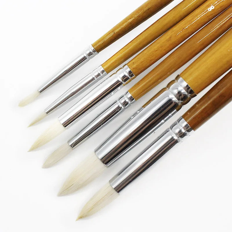 6 pcs Set Round Pointed Tip Brushes Goat Hair Wool Artists For Paints Gouache Watercolor Tempera Painting Supplies Drawing