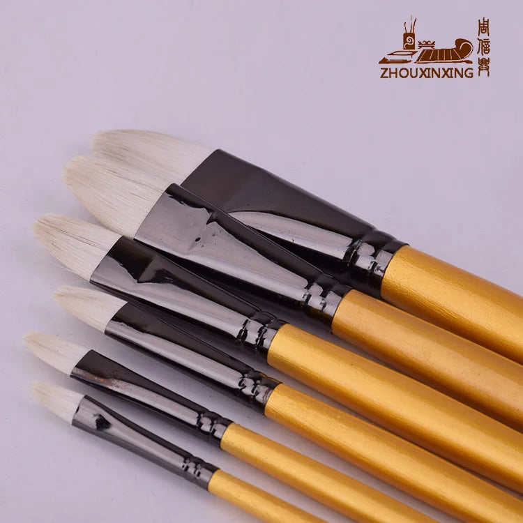 6 Piece Water Chalk Brush Set - White Horse Hair with Gold Long Wooden Rod for Oil Painting and Art Supplies