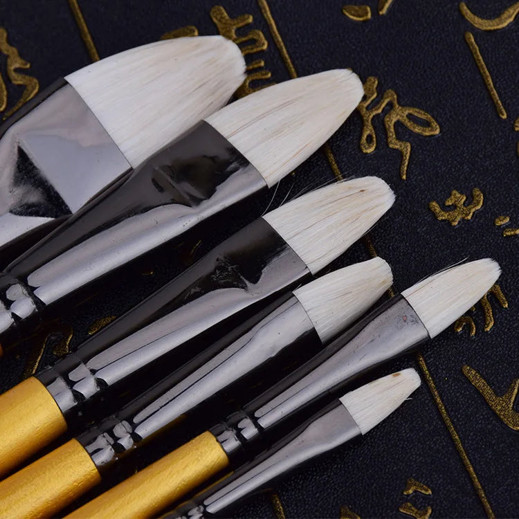 6 Piece Water Chalk Brush Set - White Horse Hair with Gold Long Wooden Rod for Oil Painting and Art Supplies