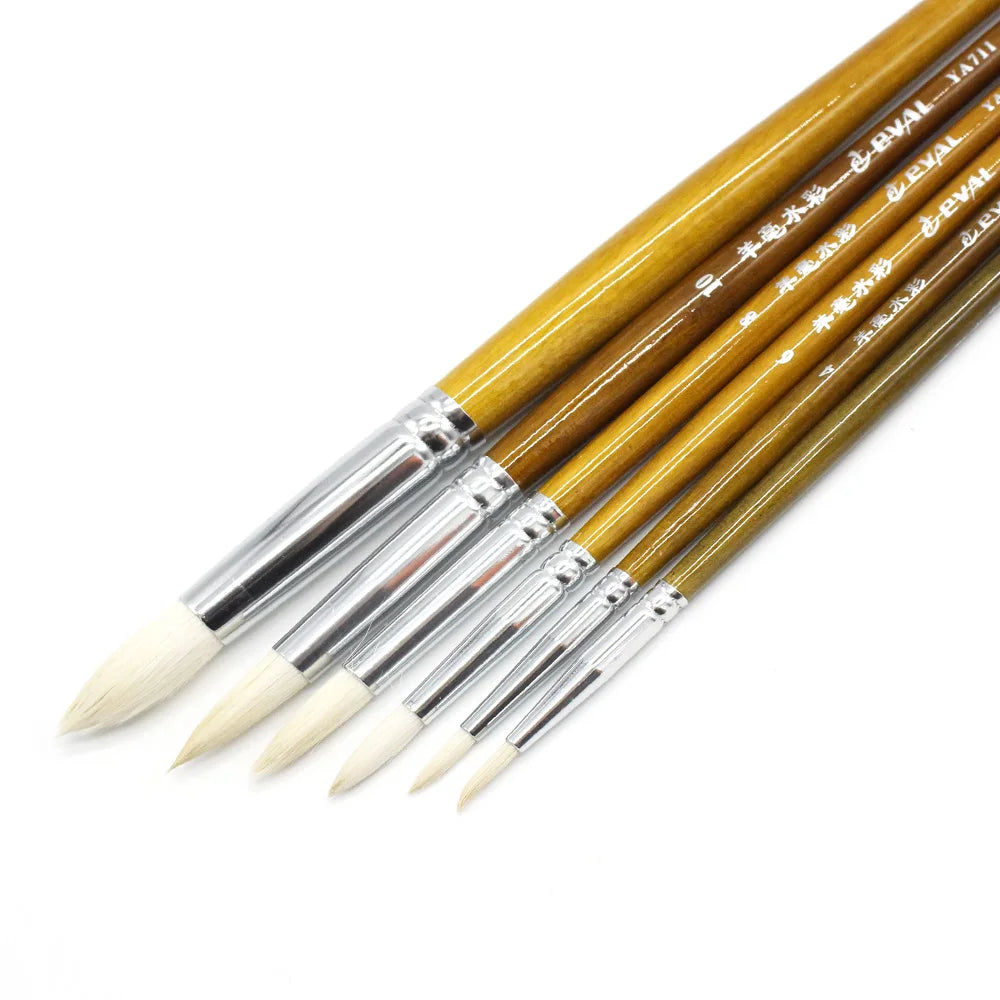 6 pcs Set Round Pointed Tip Brushes Goat Hair Wool Artists For Paints Gouache Watercolor Tempera Painting Supplies Drawing