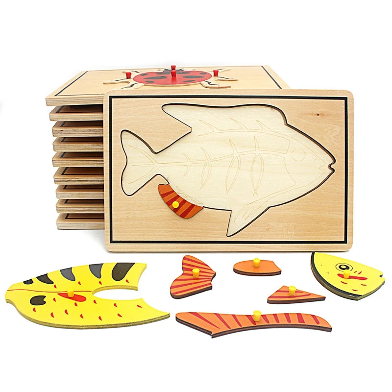 Children's Educational Montessori Biology Wooden Skeleton Puzzle Set - Frog, Horse, Tortoise, Fish, Bird Animal Toys for Boys