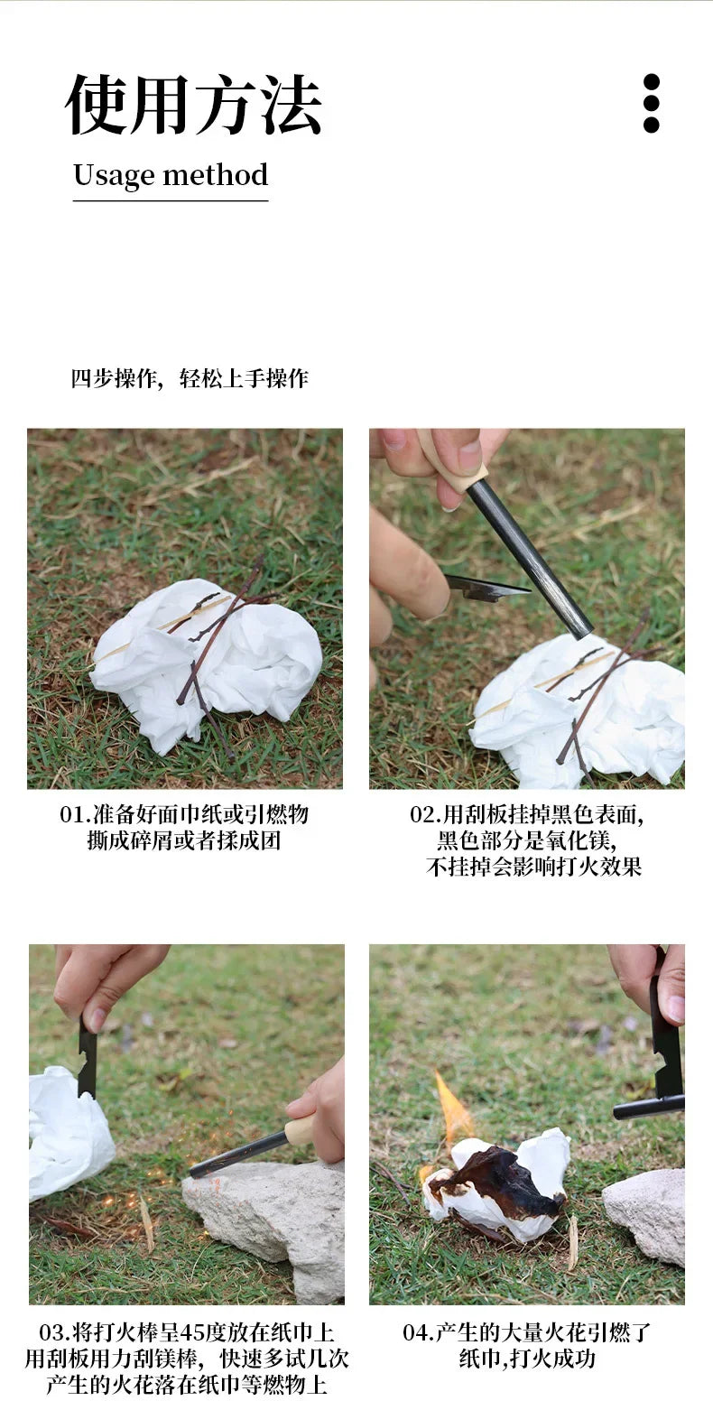 Portable Outdoor Flint with Magnesium Sticks, Firearms, Wooden Handles, and Survival Tools