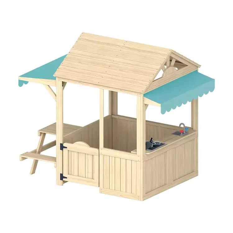 Wooden Kids Playhouse with Kitchen, Snack Bar & Picnic Bench - Outdoor Children’s Play House