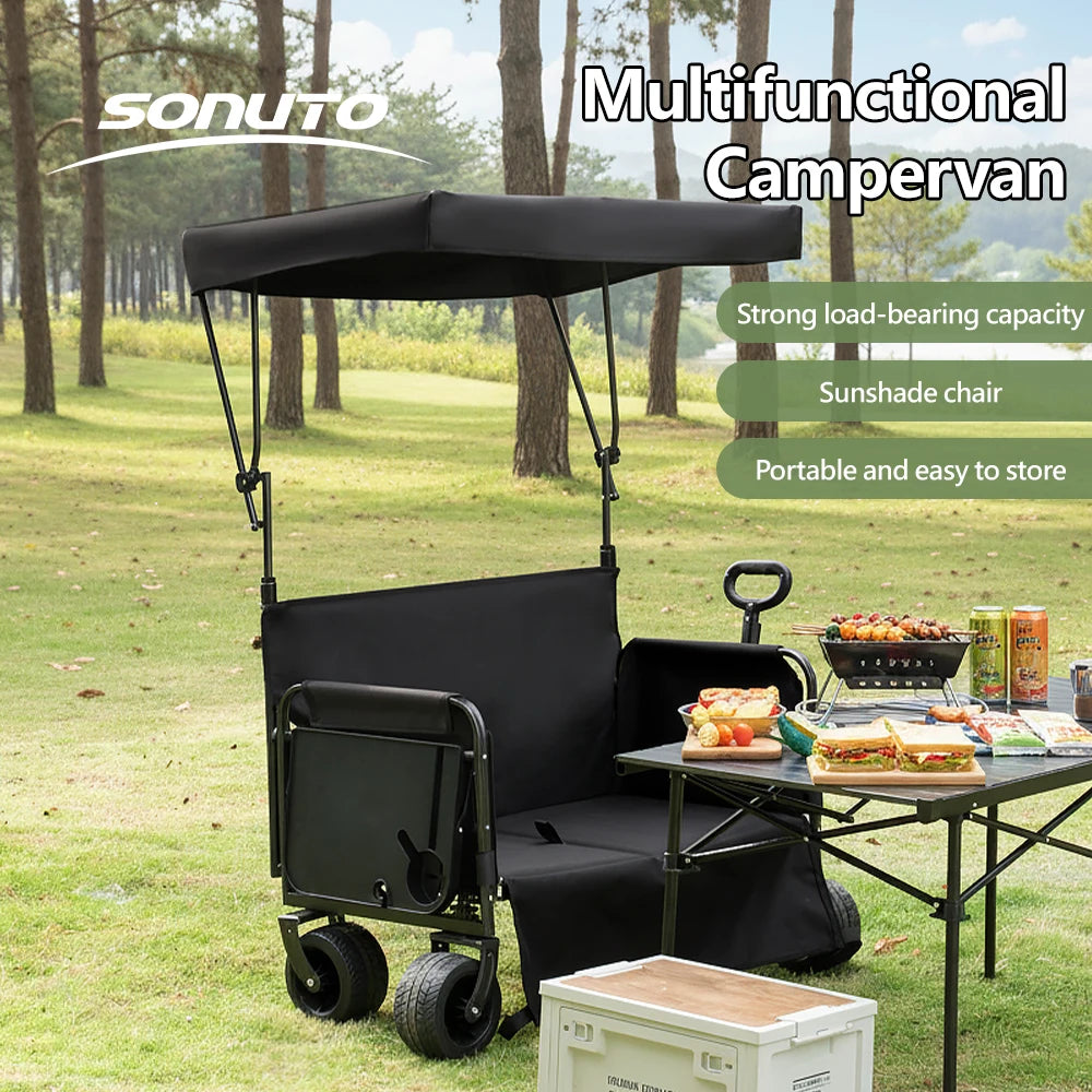 300kg Folding Wagon with Canopy & Seats - Heavy Duty Beach Cart for Camping, Picnic, and Grocery Shopping - Portable Utility Pull Cart
