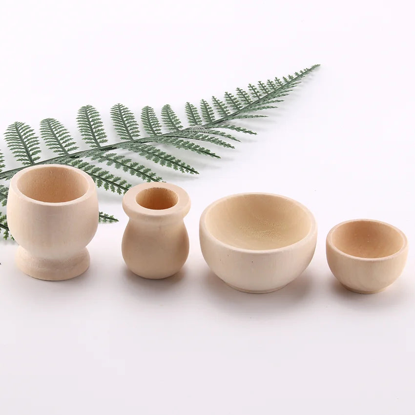 Children's Mini Wooden Play Kitchen Tableware Set - Solid Wood Bowls, Cups, and Creative Painted Ornaments