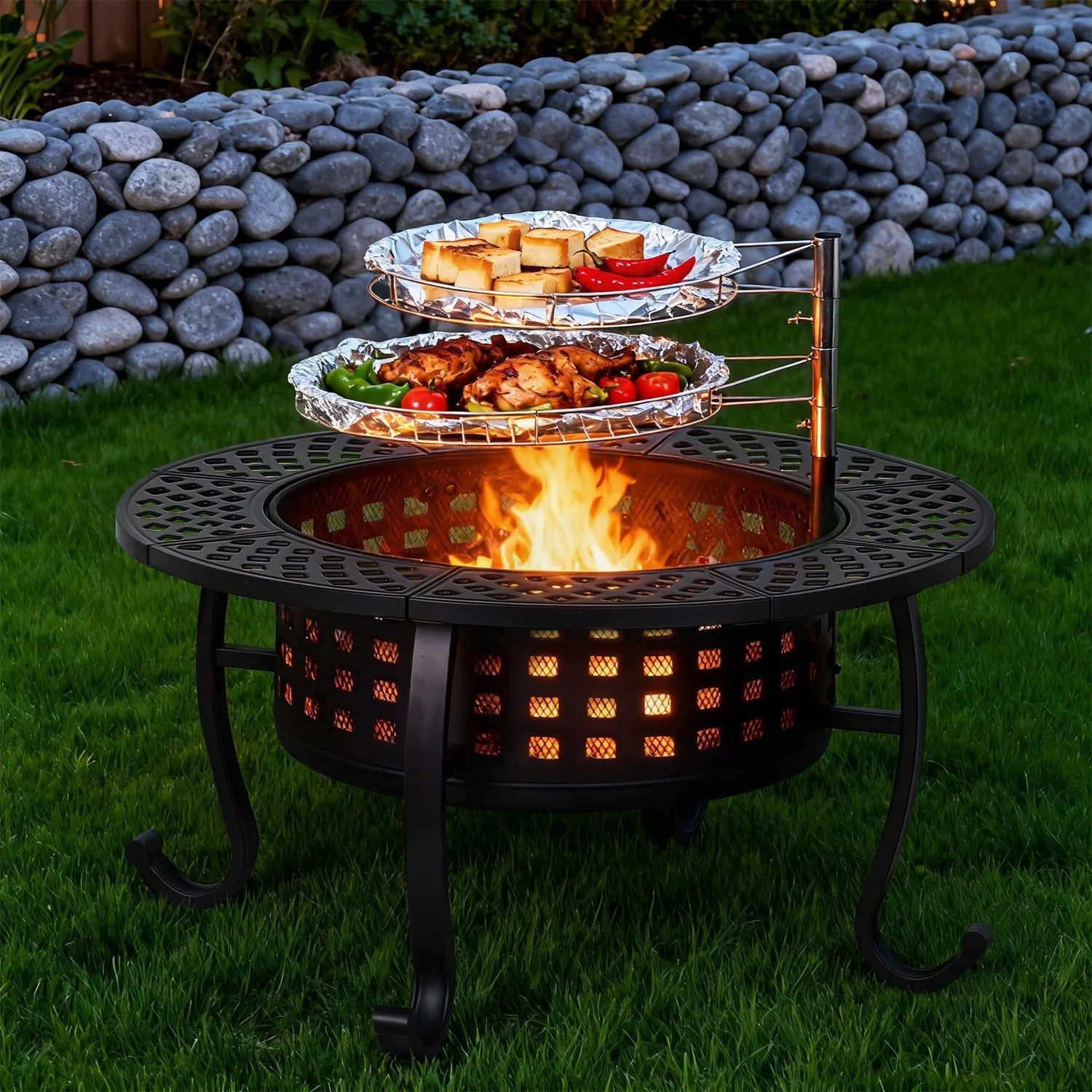 36 Inch Fire Pit with Adjustable Grills - Wood Burning Outdoor Fire Pit with Lid