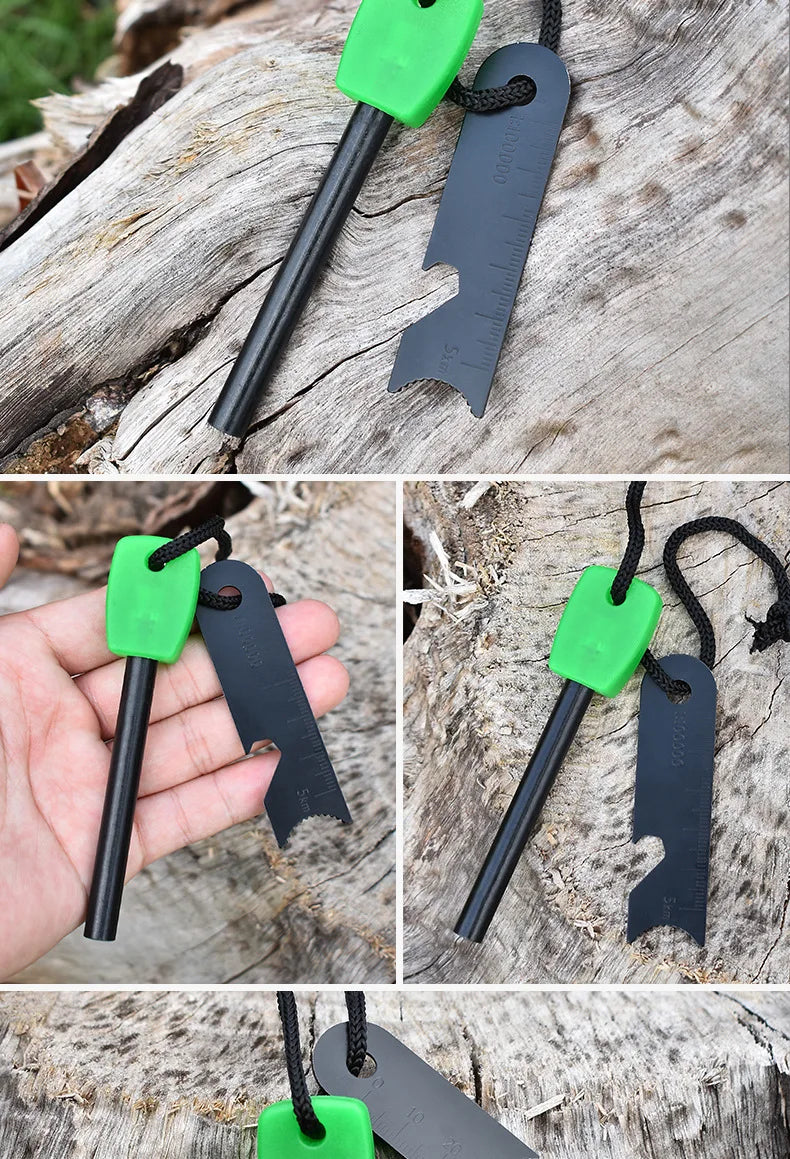 Outdoor Survival Flint Fire Starter with Wooden Handle - Multi-Tool Magnesium Rod and Waterproof Luminous Camping Fire Stick