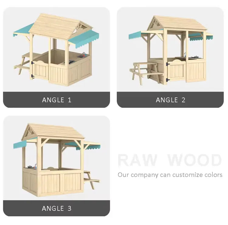 Wooden Kids Playhouse with Kitchen, Snack Bar & Picnic Bench - Outdoor Children’s Play House