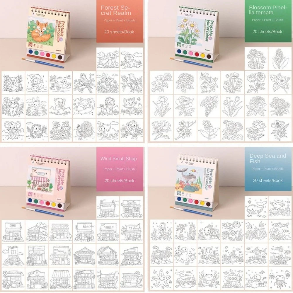 Portable House Coloring Book DIY - 20 Pages Watercolor Painting Set with 6 Colors for Toddler Arts and Crafts