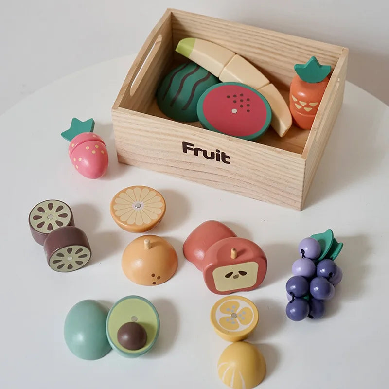 Children's Wooden Play Kitchen Set with Magnetic Cookies and Fruit Cutting - Pretend Play Baking Toys for Girls