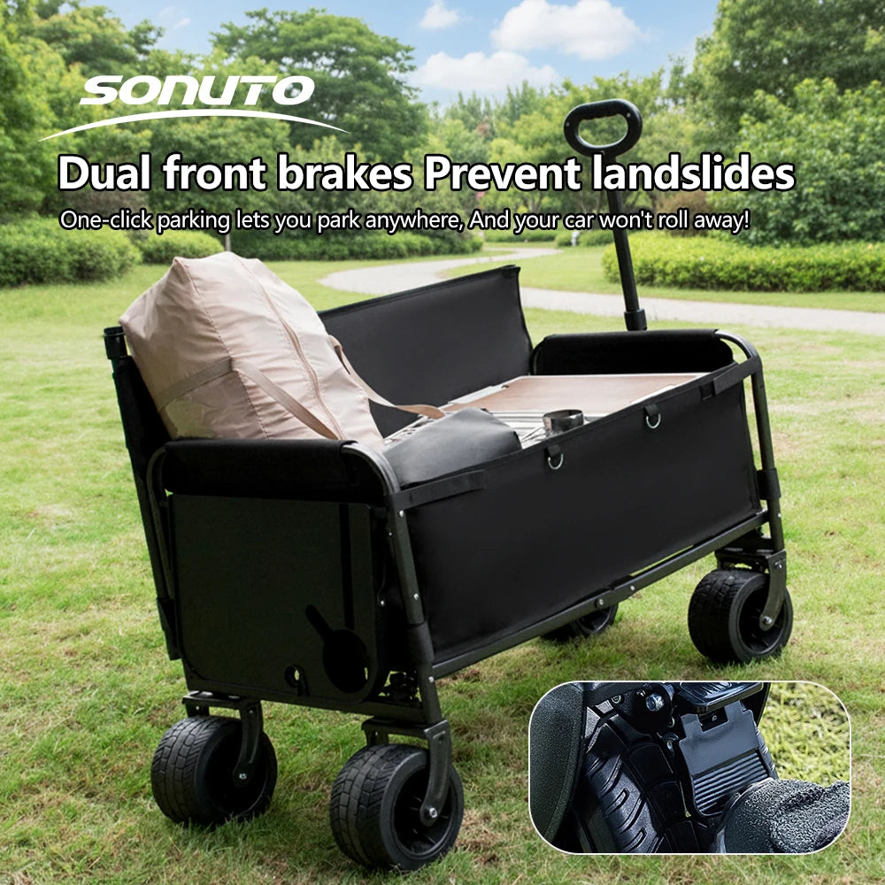 300kg Folding Wagon with Canopy & Seats - Heavy Duty Beach Cart for Camping, Picnic, and Grocery Shopping - Portable Utility Pull Cart