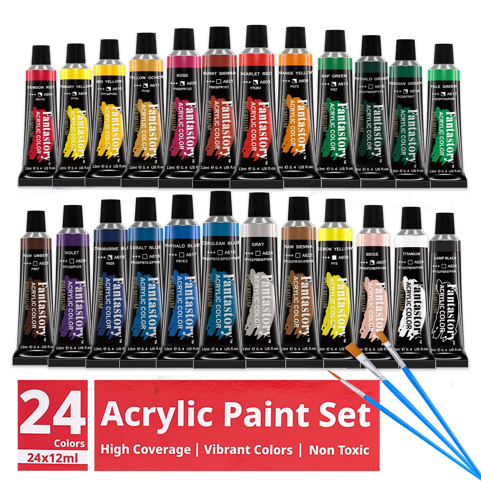 12ML 24 Colors Acrylic Paint Set with 3 Paint Brushes – Ideal Gift for Painters and Complete Paint Supplies for Adults