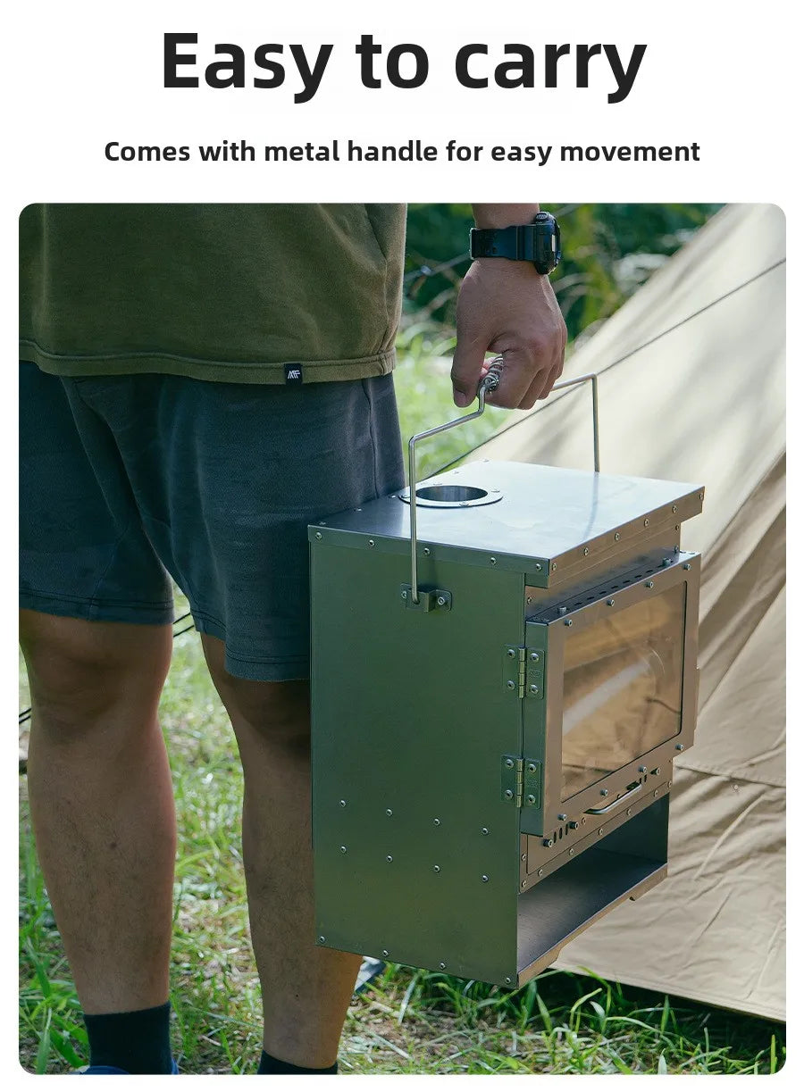 Stainless Steel Smokeless Fireplace with Secondary Burning for Camping Tent - Large Glass Window Wood Stove Firewood Heater Brazier