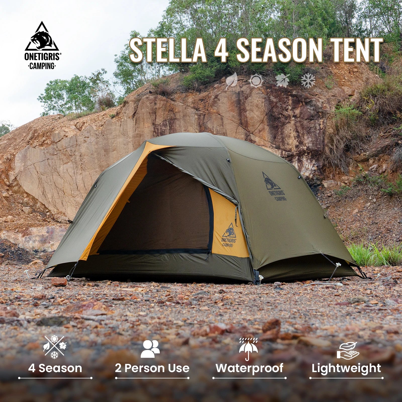 OneTigris Stella 4 Season Camping Tent for 1-2 Persons - Lightweight Double Layer, 3000mm Waterproof for Outdoor Hiking and Beach