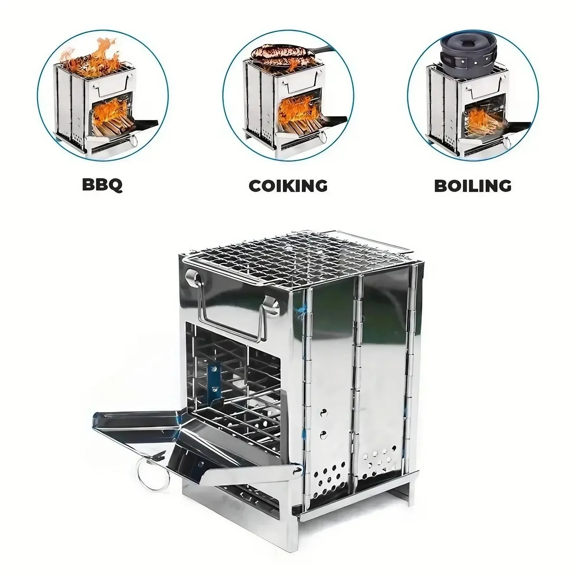 Square Wood Stove Outdoor Grill Mini BBQ Portable Camping Picnic Folding Grill for Home Kitchen Backyard Garden Cooking