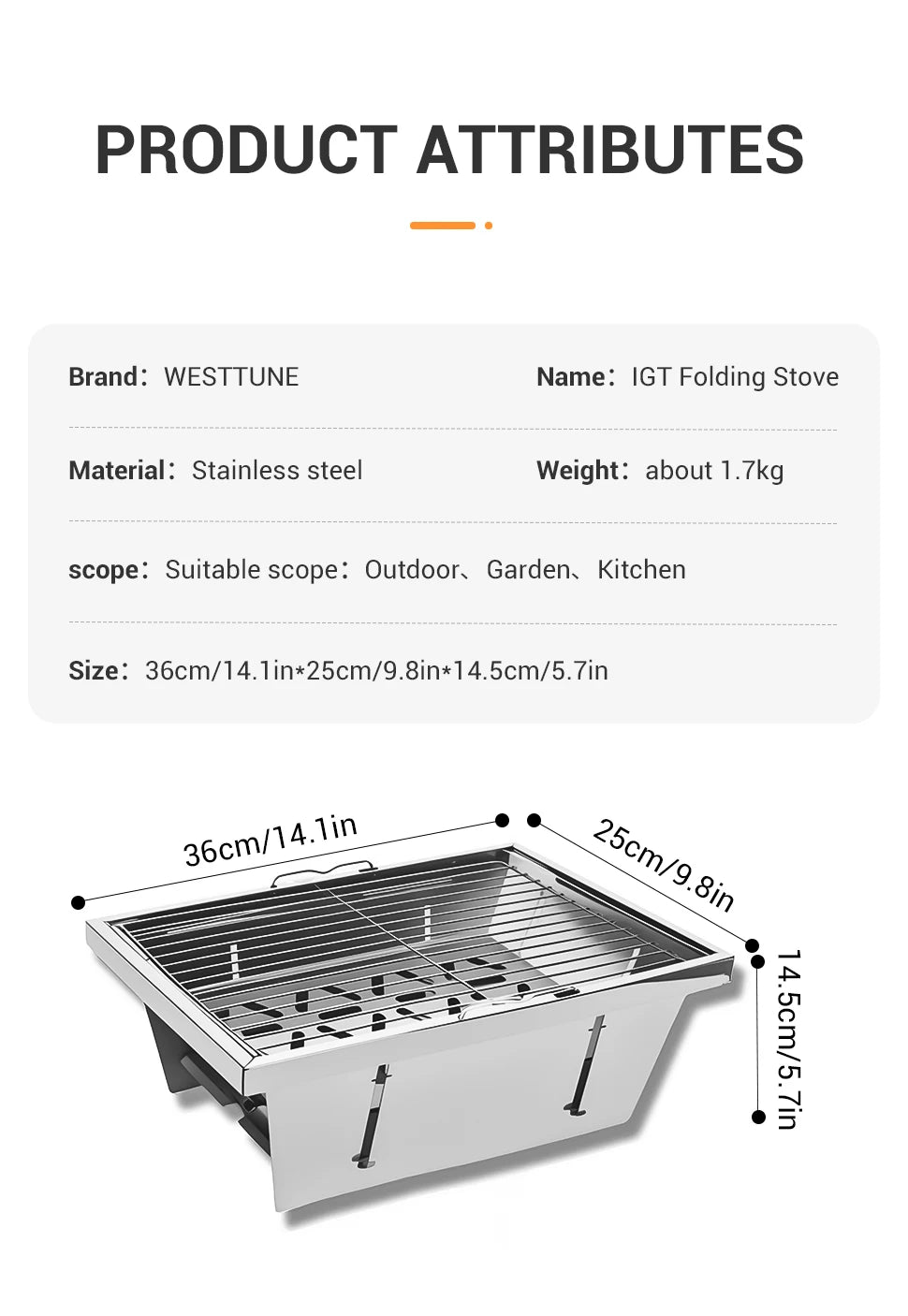 WESTTUNE IGT Portable Barbecue Grill - Stainless Steel Folding Charcoal Grill for Camping and Picnic