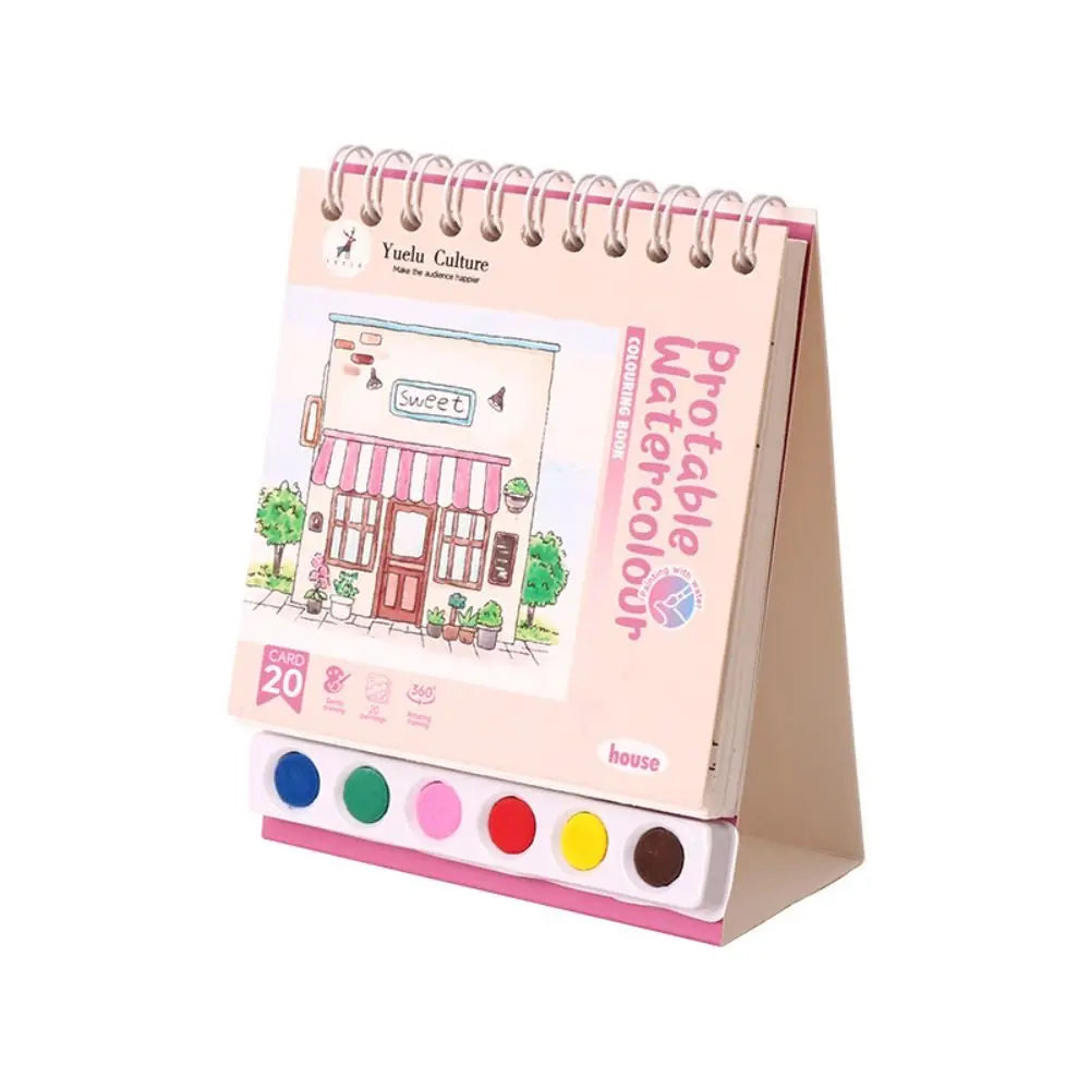 Portable House Coloring Book DIY - 20 Pages Watercolor Painting Set with 6 Colors for Toddler Arts and Crafts