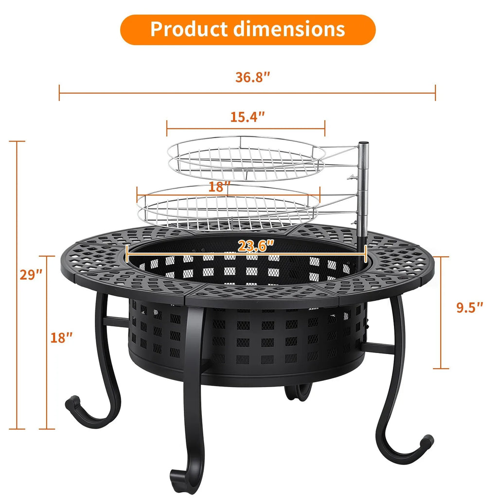 36 Inch Fire Pit with Adjustable Grills - Wood Burning Outdoor Fire Pit with Lid