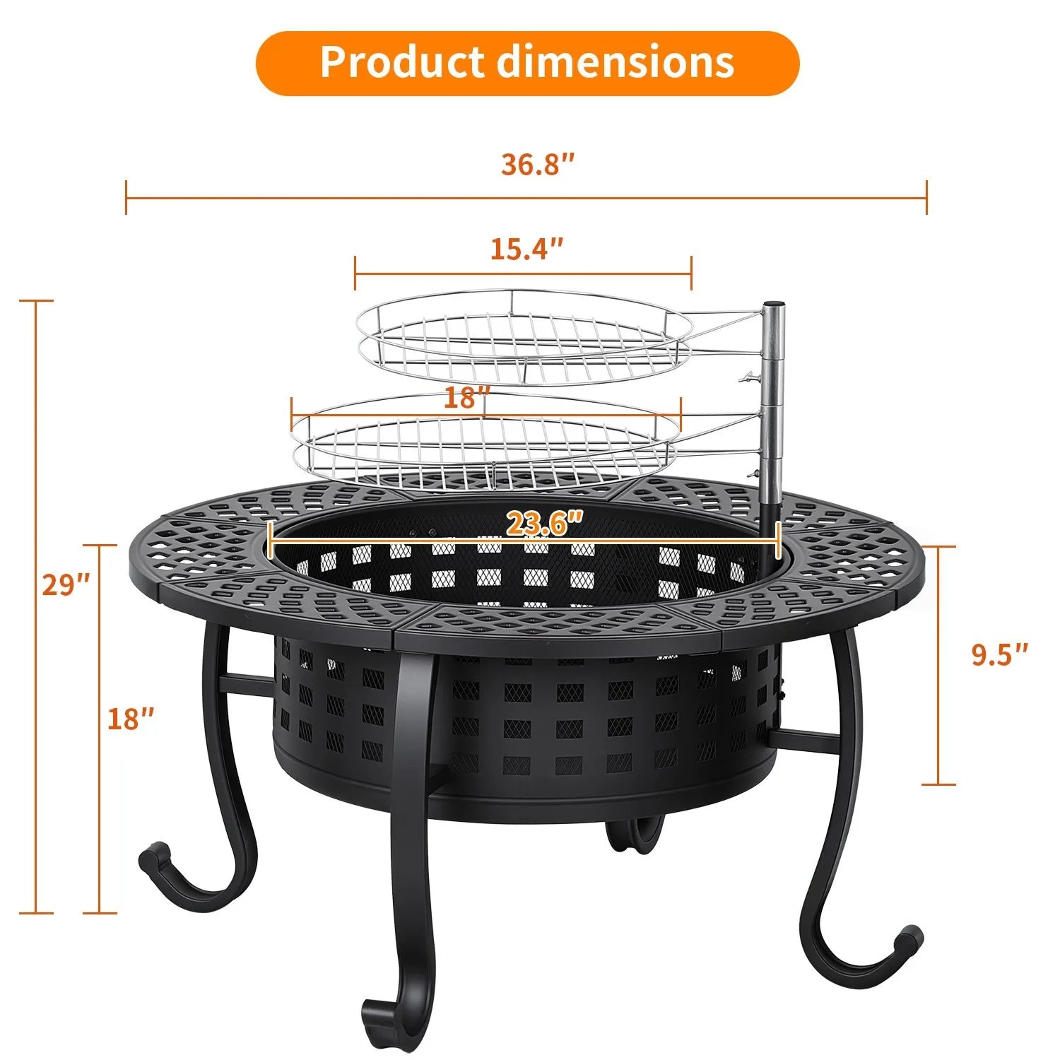 36 Inch Fire Pit with Adjustable Grills - Wood Burning Outdoor Fire Pit with Lid