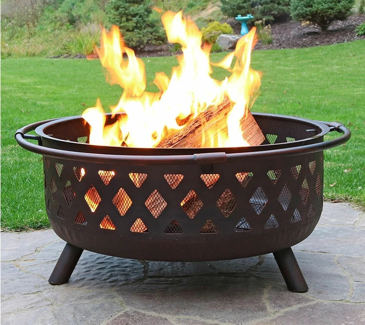 Large Outdoor Fire Pit with Spark Screen - Heavy-Duty Wood Burning Cross Fire Pit