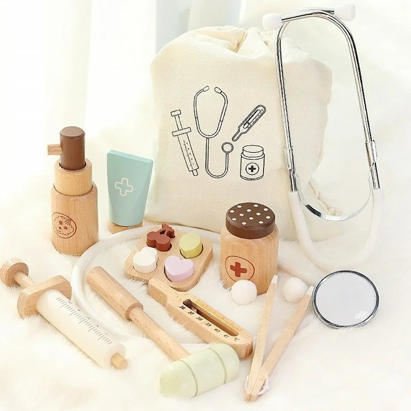 Children's Medical Play Set - Doctor and Nurse Simulation Kit with Stethoscopes, Syringes, and Wooden Figurines