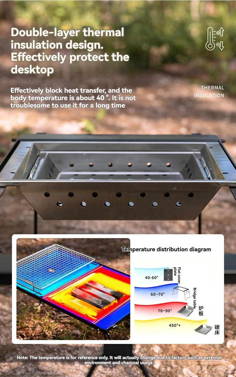 CAMPINGMOON UG-1 IGT Carbon Grill Camping Table with Expansion, Windproof BBQ, and Double-Layer Insulated Firewood Stove