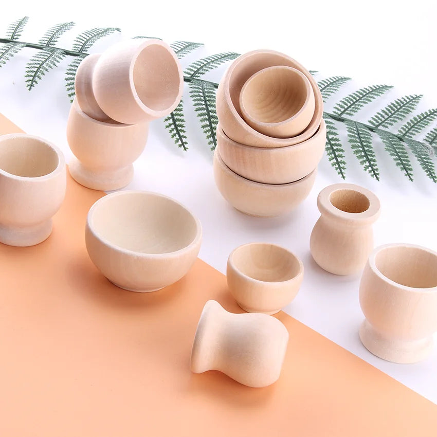 Children's Mini Wooden Play Kitchen Tableware Set - Solid Wood Bowls, Cups, and Creative Painted Ornaments