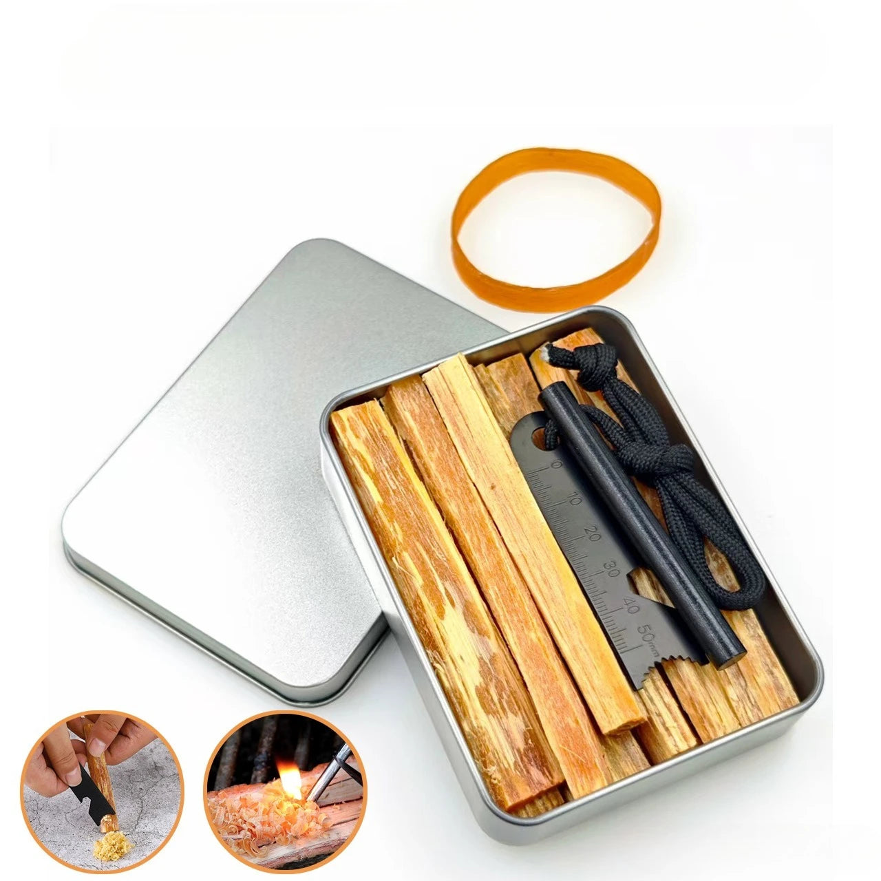 Outdoor Camping Fire Starter Kit - Pine Mingzi Flint and Steel Survival Tool with Portable Iron Box
