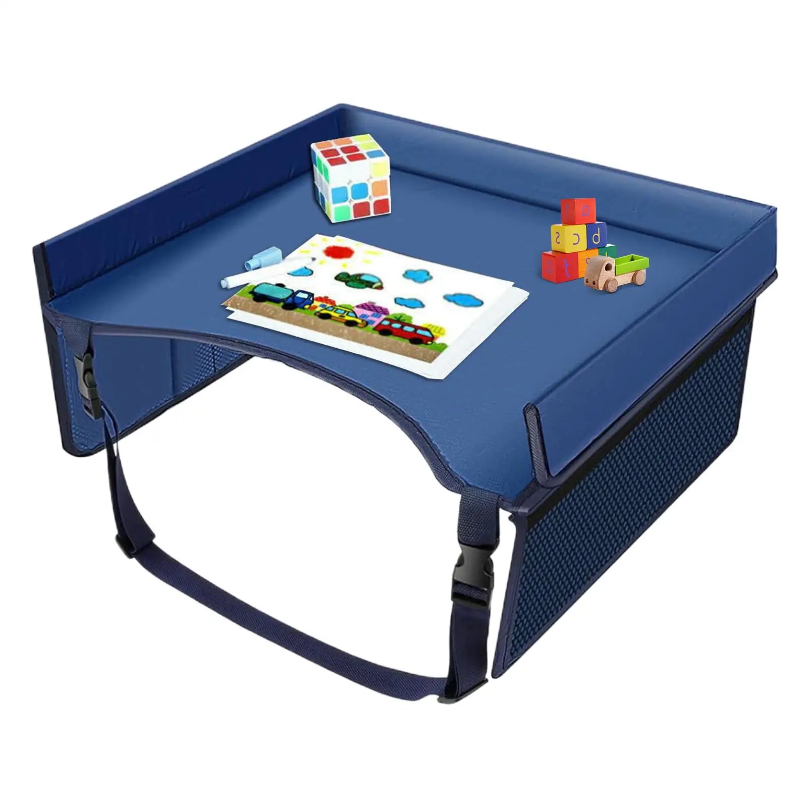 Car Seat Travel Tray Organizer for Kids - Waterproof Play Table with Cup Holder, Snack Storage & Toy Space for Babies and Strollers