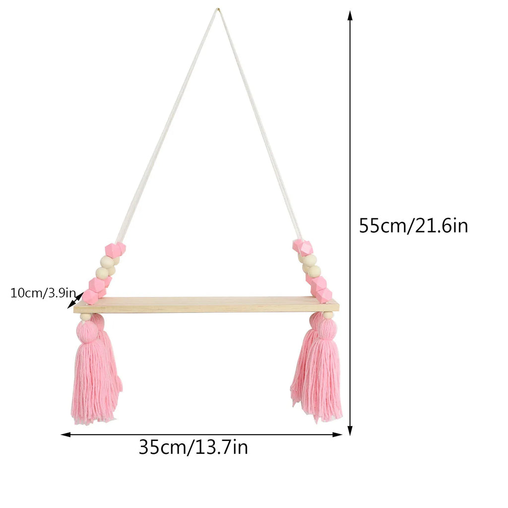 Macrame Wall Hanging Shelf for Girls Kids Nursery Decorations Boho Pink Wooden Display Floating Shelves Wall Decor Bedroom