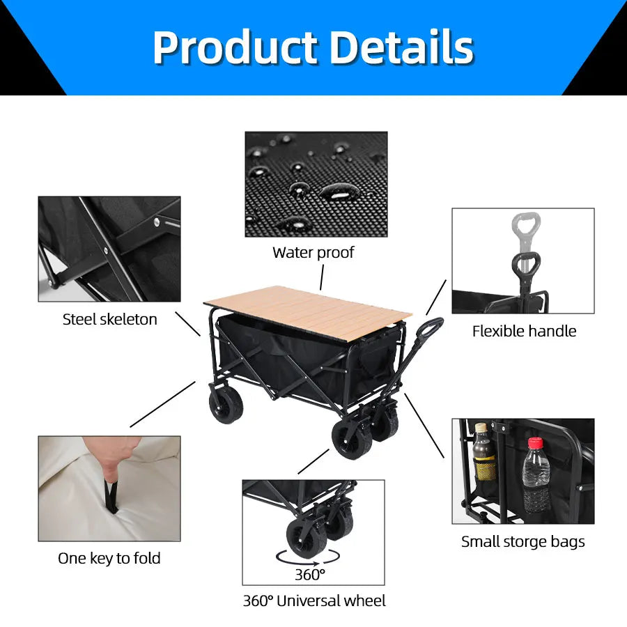 Heavy Duty Collapsible Outdoor Folding Wagon Cart for Garden, Beach, and Camping - Large Capacity Utility Trolley