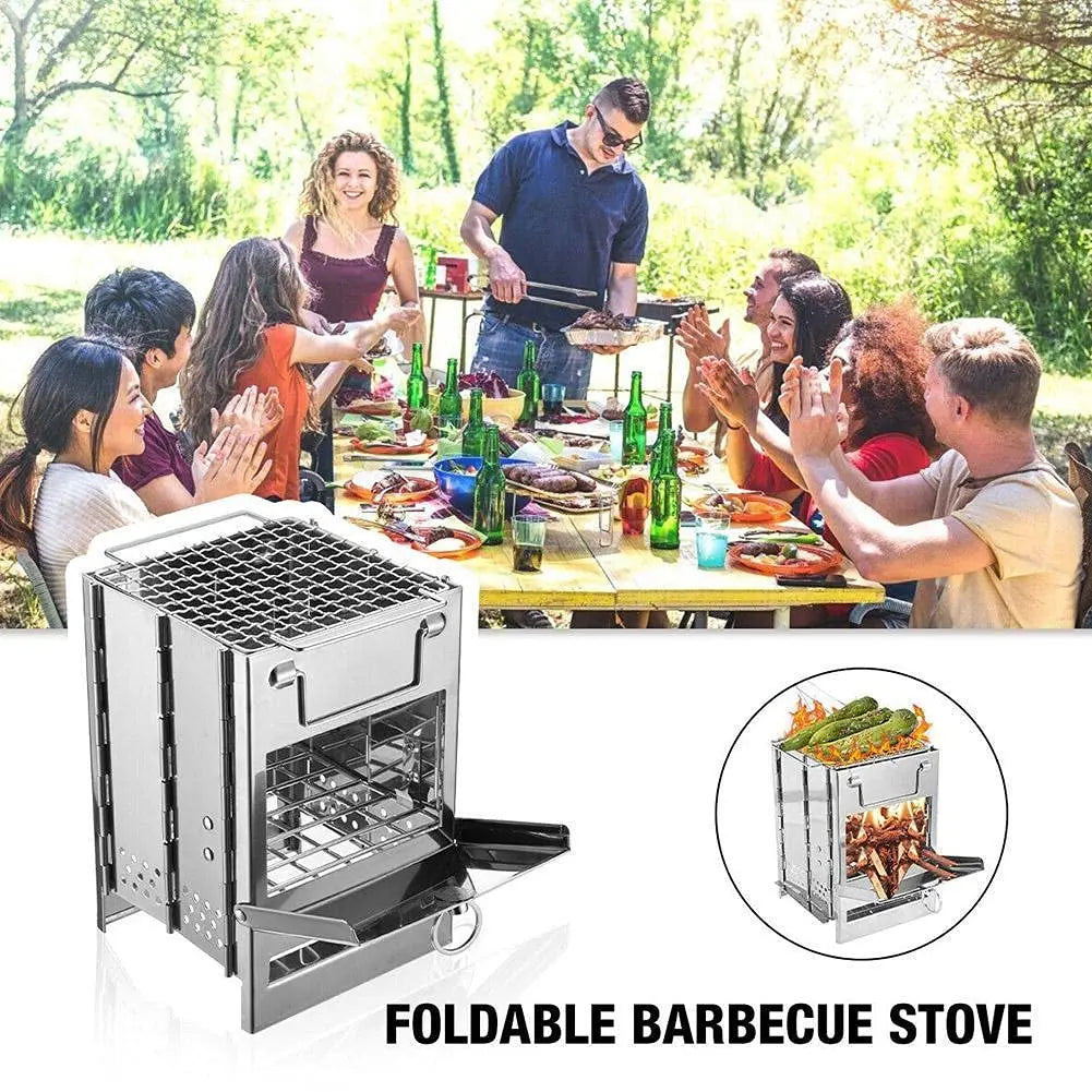 Portable Camping Wood Burning Stove - Folding Stainless Steel Campfire Stove for Outdoor Cooking, Hiking, and Picnics