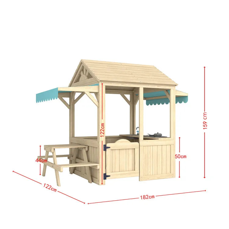 Wooden Kids Playhouse with Kitchen, Snack Bar & Picnic Bench - Outdoor Children’s Play House