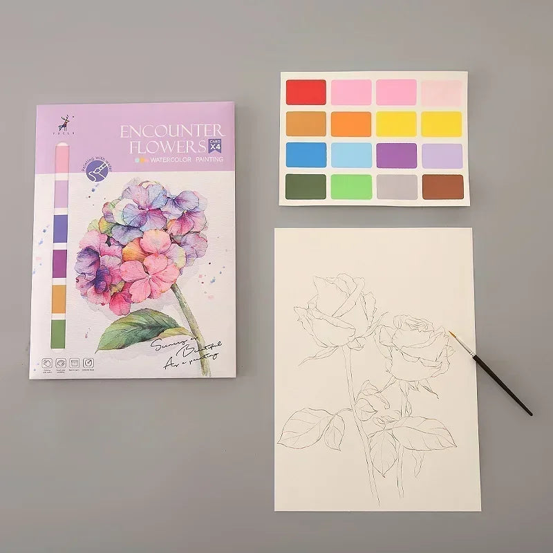 Portable Watercolor Painting Book with 4 Sheets - Kids Gouache Coloring Stationery and Graffiti Drawing Set with Paint Brush