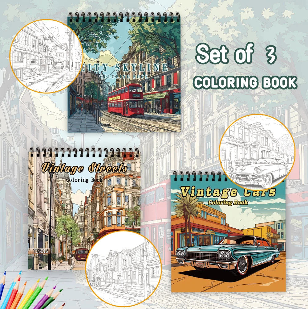 3pcs Illustrative Coloring Book Set - Car & Street Landscape Designs, Thick 30 Pages, Spiral Bound Stress Relief Gift