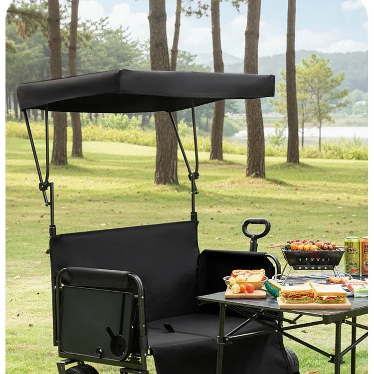 300kg Folding Wagon with Canopy & Seats - Heavy Duty Beach Cart for Camping, Picnic, and Grocery Shopping - Portable Utility Pull Cart