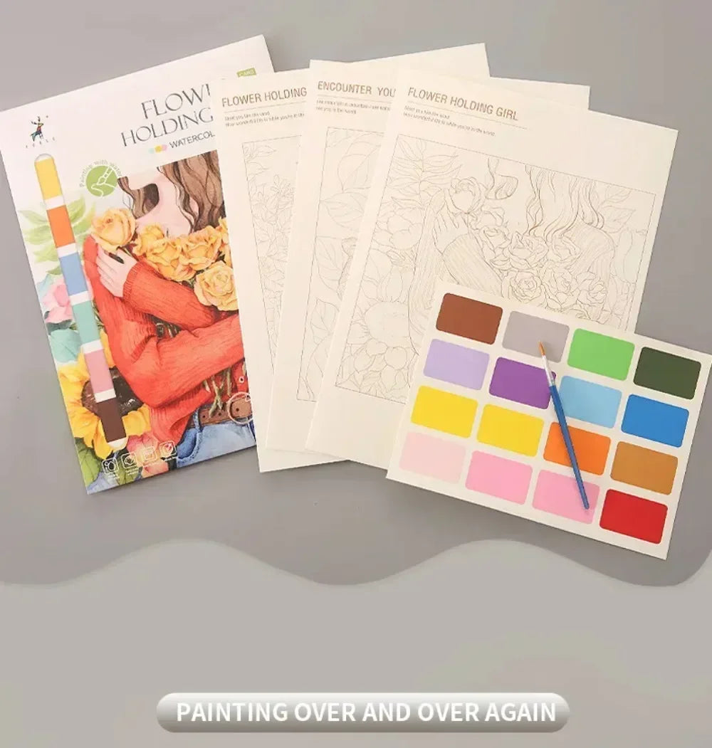 Portable Watercolor Painting Book with 4 Sheets - Kids Gouache Coloring Stationery and Graffiti Drawing Set with Paint Brush