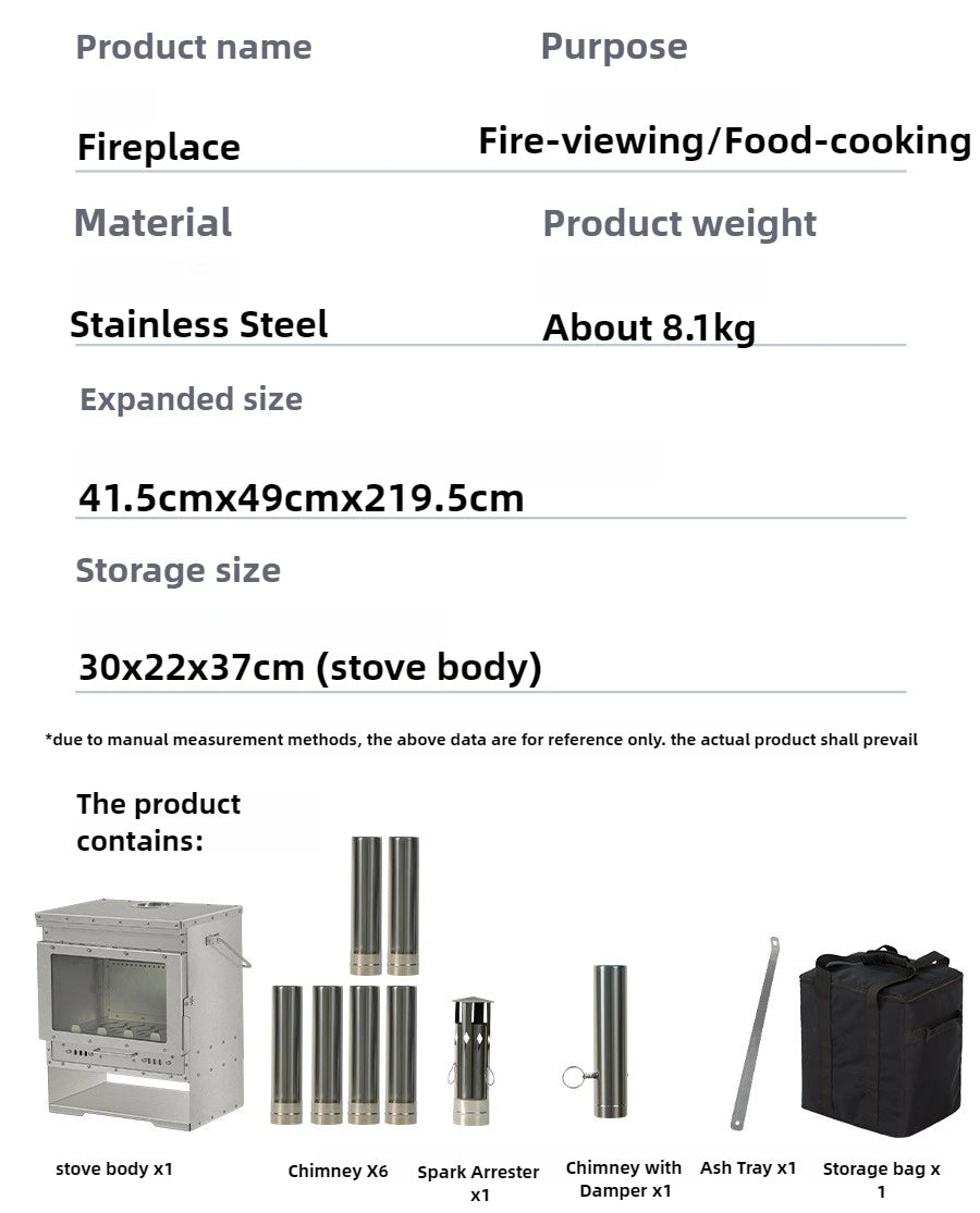 Stainless Steel Smokeless Fireplace with Secondary Burning for Camping Tent - Large Glass Window Wood Stove Firewood Heater Brazier