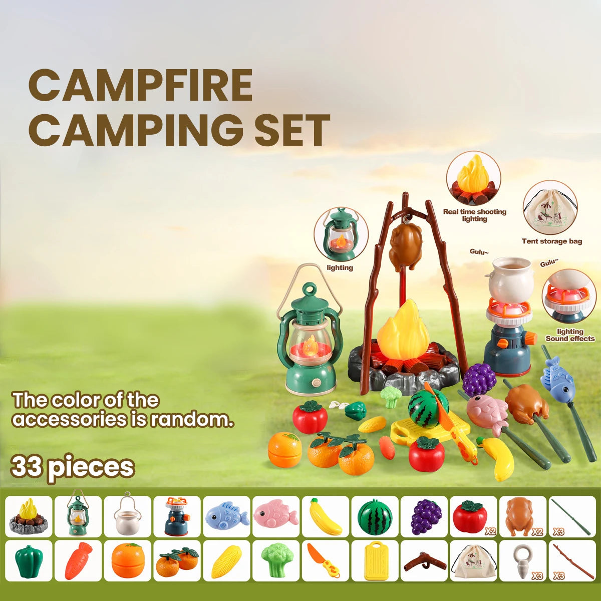 51Pcs Children's Camping Play Set Simulated Campfire Kitchen Food Picnic Role Play Toy for Kids
