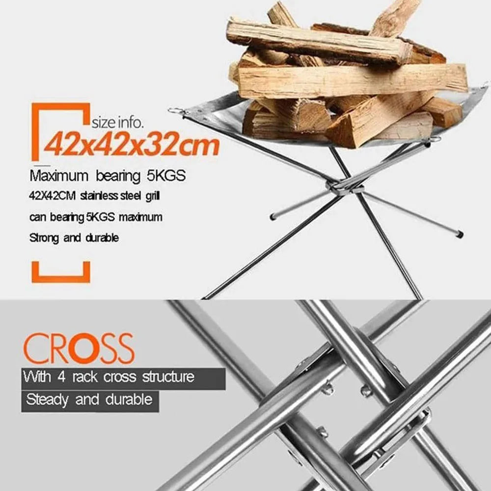 Stainless Steel Foldable Fire Rack for Camping, Backyard BBQ, and Bonfire - Mesh Fire Pit Wood Stove Frame