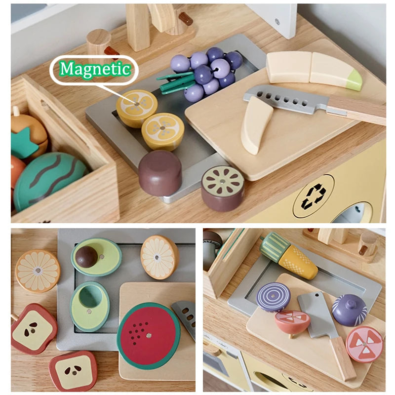 Children's Wooden Play Kitchen Set with Magnetic Cookies and Fruit Cutting - Pretend Play Baking Toys for Girls