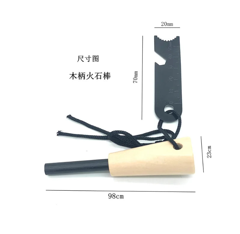 Outdoor Survival Flint Fire Starter with Wooden Handle - Multi-Tool Magnesium Rod and Waterproof Luminous Camping Fire Stick