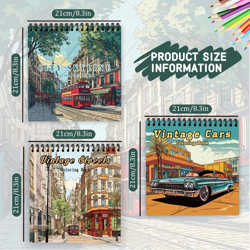 3pcs Illustrative Coloring Book Set - Car & Street Landscape Designs, Thick 30 Pages, Spiral Bound Stress Relief Gift