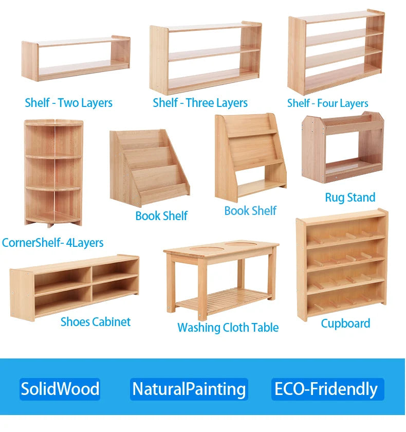 Montessori Kids Beachwood Shelf, Cabinet, Table, Rug Stand, Cupboard for Kindergarten and Childcare Center