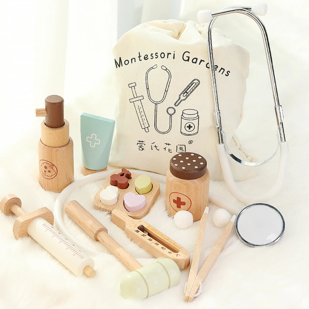 Children's Medical Play Set - Doctor and Nurse Simulation Kit with Stethoscopes, Syringes, and Wooden Figurines