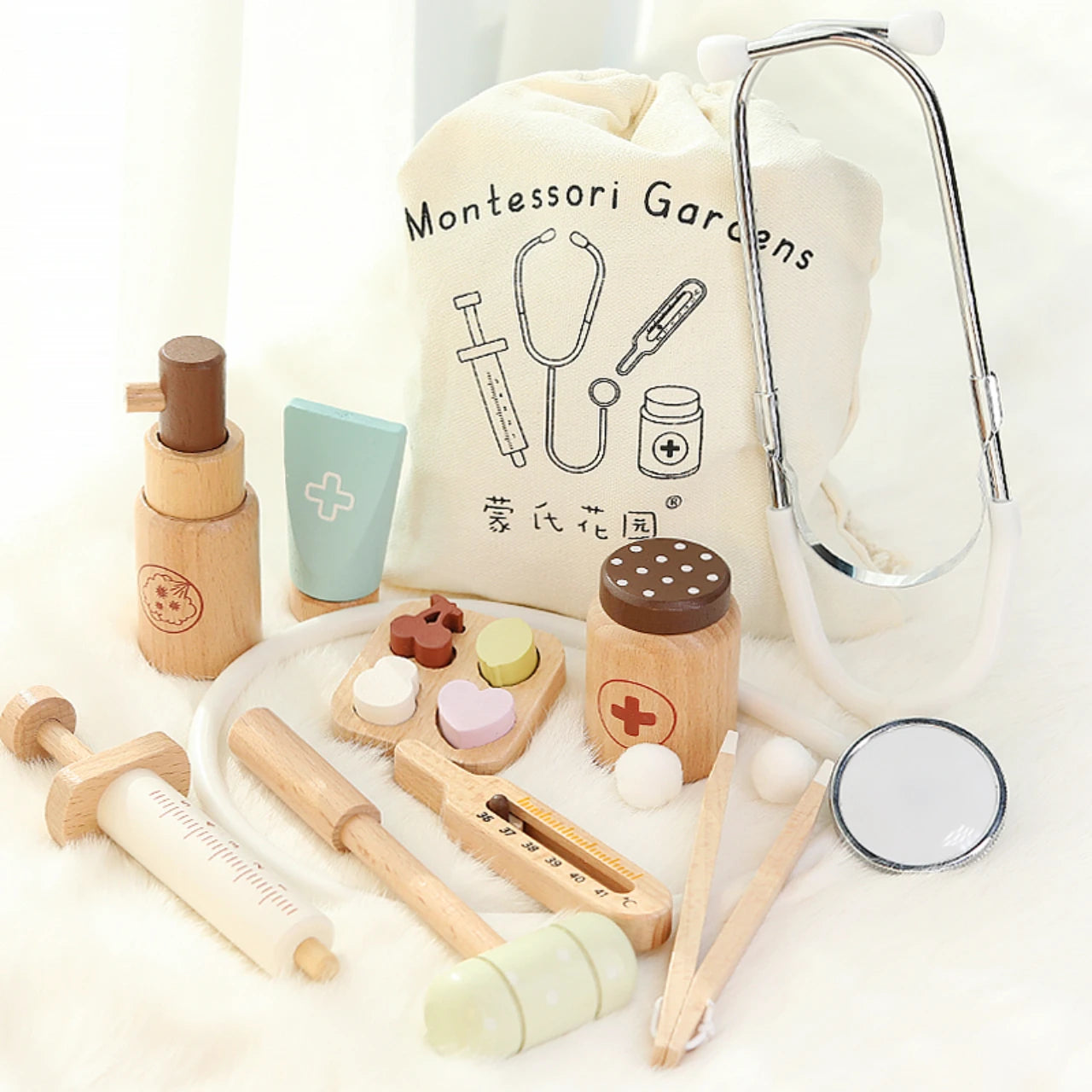 Children's Medical Play Set - Doctor and Nurse Simulation Kit with Stethoscopes, Syringes, and Wooden Figurines