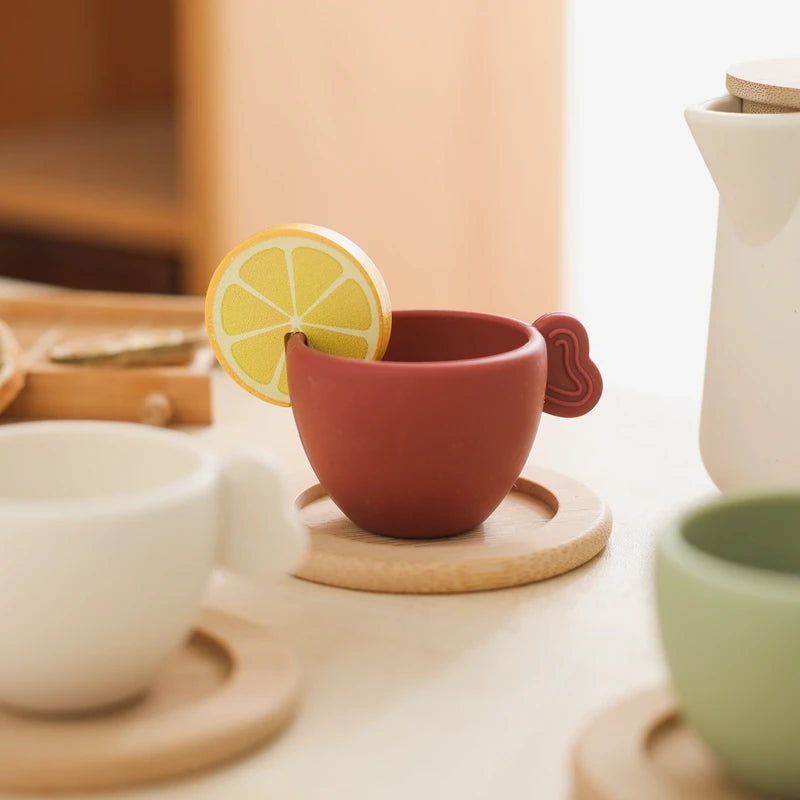 Wooden Montessori Toys Toddler Pretend Play Tea Party Set Silicone Teapot Cups Wood Tray Scoop Toys for Kids Birthday Gift