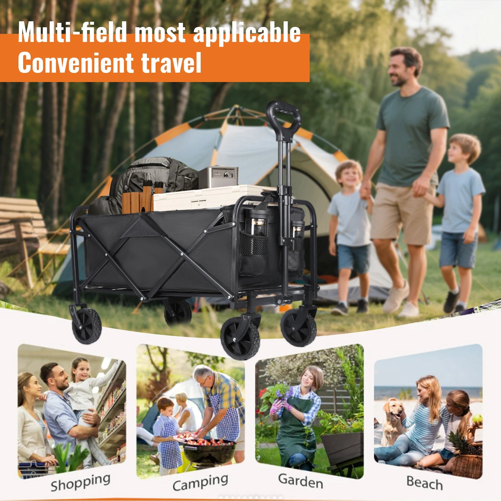 Foldable Hand Trolley for Garden and Beach - Heavy Duty 4-Wheel Carrying Trolley for Outdoor Camping and Warehouse Use